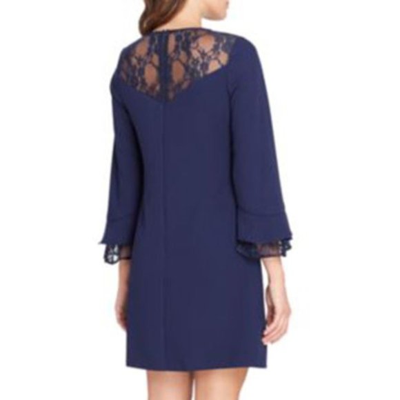Tahari Lace Trim Bell-Sleeve Shift Dress Navy - Picture 2 of 3